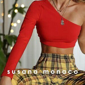 NWT! Susana Monaco Women's L One Shoulder Crop Top Long Sleeve Rust Leaf Red